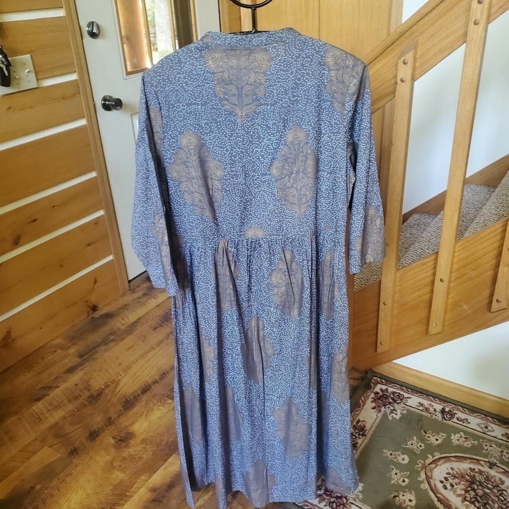 Melange Lifestyle Blue Gold Block Print Viscose Maxi Dress Tassel Pockets XL - Picture 2 of 13